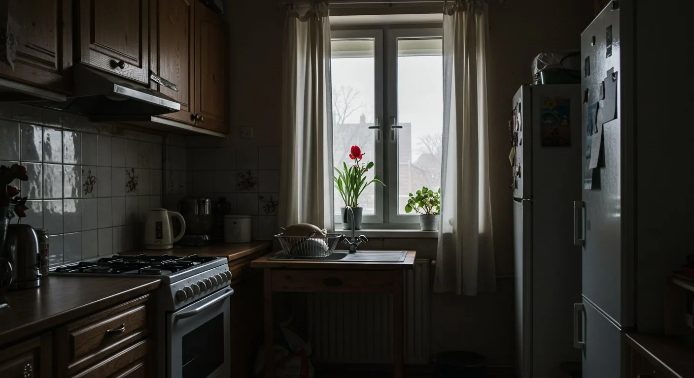 Zbyt ciężkie zasłony w małej kuchni ograniczają dopływ światła dziennego i sprawiają, że pomieszczenie wydaje się przytłaczające.