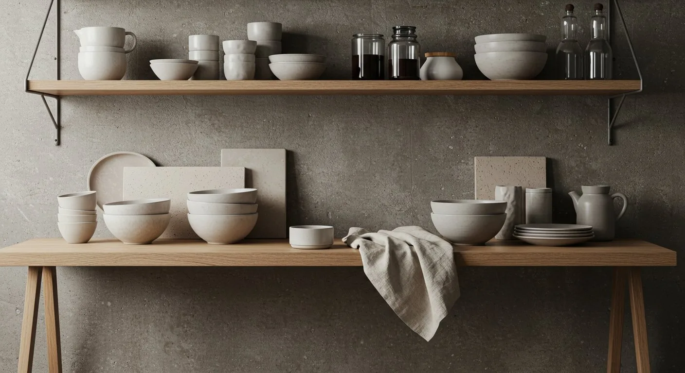Na otwartych półkach ustawiono ceramiczne naczynia i lnianą ściereczkę, które podkreślają surowy charakter wnętrza o betonowym wykończeniu podłogi.