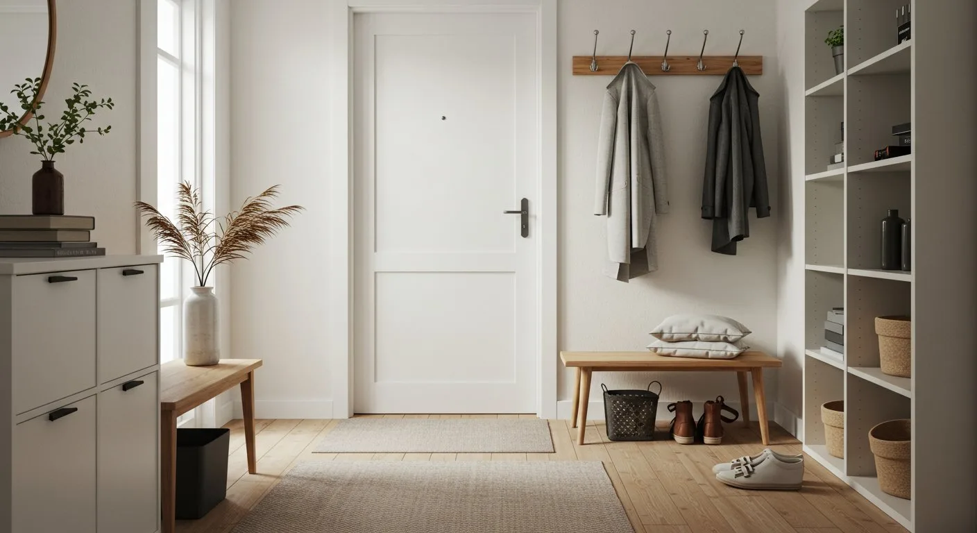 Uporządkowany przedpokój z drewnianą ławką i minimalistycznymi dodatkami stanowi wizytówkę zadbanego mieszkania.