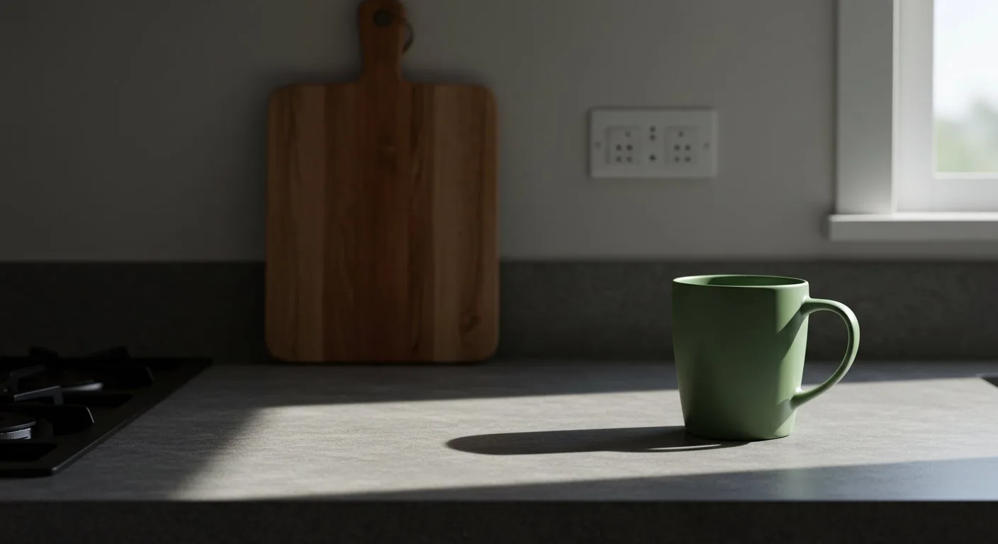 Pojedynczy ceramiczny kubek stoi na kamiennym blacie kuchennym obok drewnianej deski do krojenia w porannym świetle.