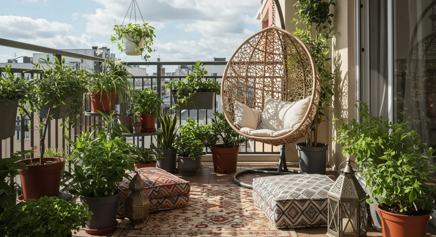 Słoneczny balkon wypełniony jest wieloma doniczkami z zielonymi roślinami, wiszącym fotelem oraz miękkimi poduchami do siedzenia.
