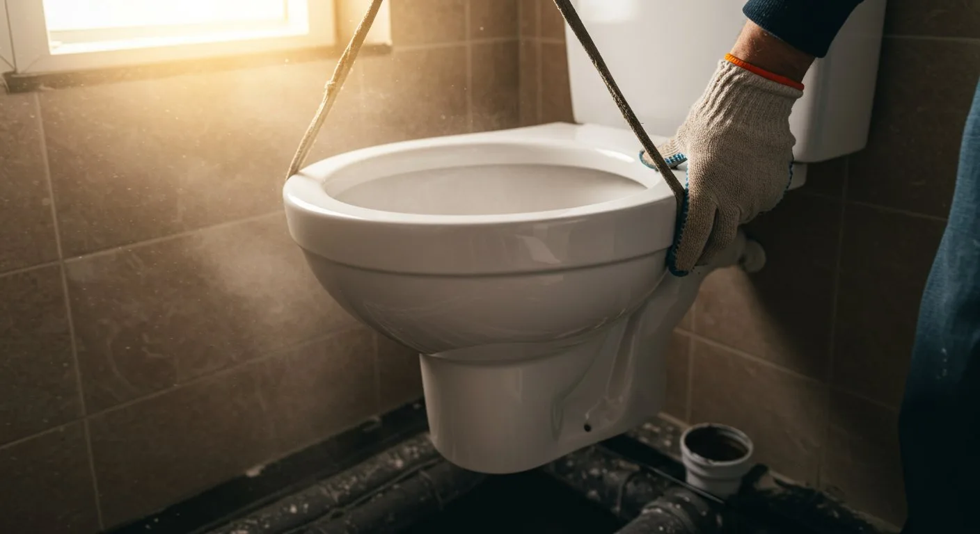 Monter instaluje nową miskę ustępową na przygotowanym podejściu kanalizacyjnym w nowoczesnym pomieszczeniu sanitarnym.