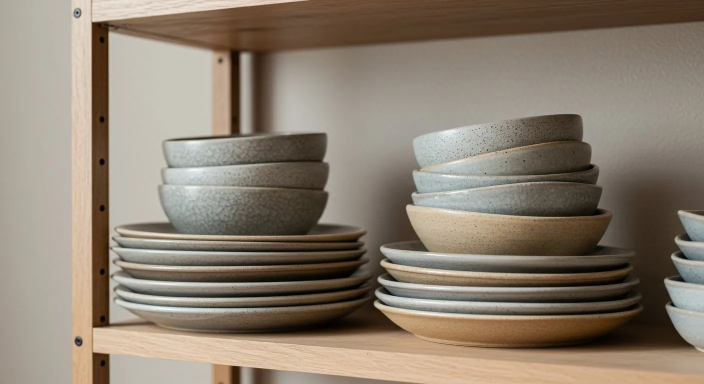 Ręcznie wykonane ceramiczne talerze w odcieniach piasku i kamienia są starannie ułożone na półce kuchennej przy beżowej ścianie.