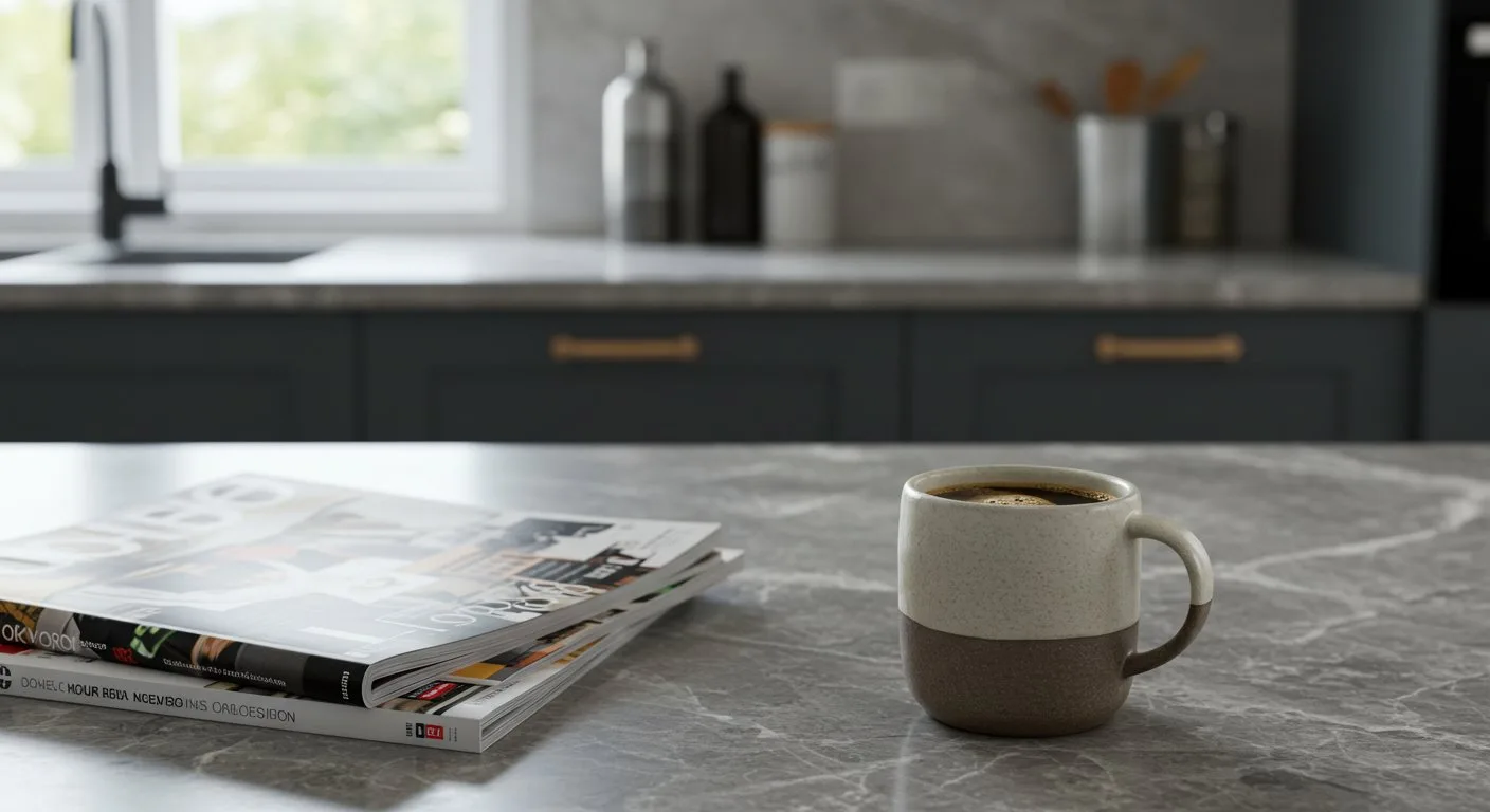 Ceramiczny kubek z gorącą kawą stoi na marmurowym blacie kuchennym obok stosu magazynów wnętrzarskich.