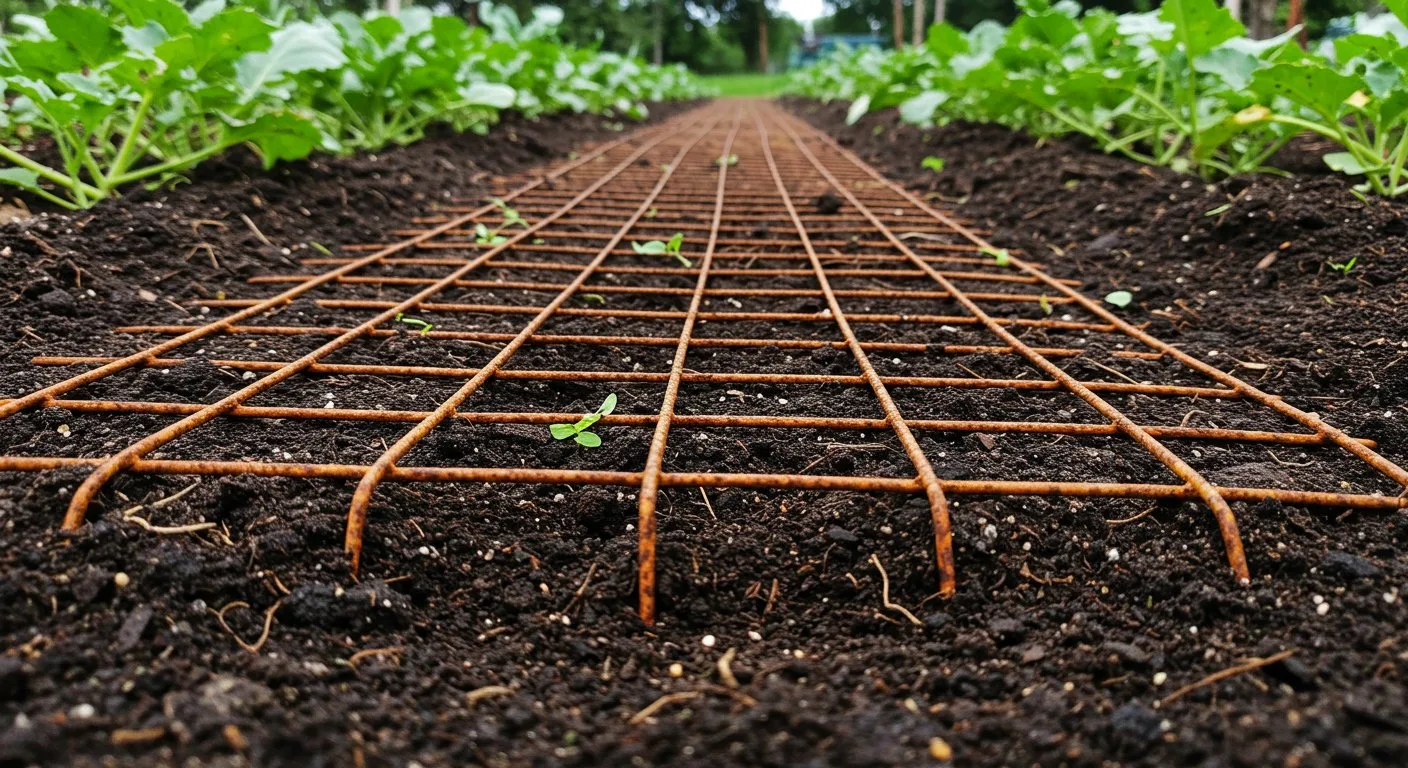 Metalowa siatka ogrodzeniowa jest częściowo zakopana w ziemi, tworząc barierę uniemożliwiającą gryzoniom i zającom dostanie się do sadzonek.