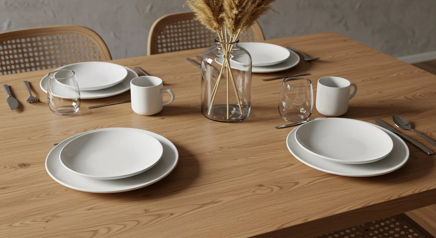 Białe ceramiczne talerze oraz szklany wazon z suszonymi trawami zdobią naturalny drewniany stół w jadalni.