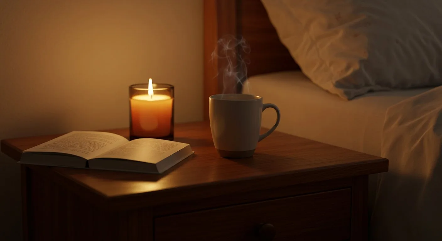 Na drewnianym stoliku nocnym ustawiona jest zapalona świeca w szklanym naczyniu obok ceramicznego kubka z parującą herbatą i otwartej książki.