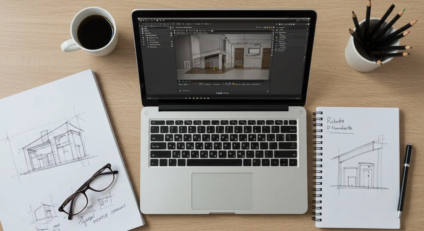 Otwarte oprogramowanie do projektowania wnętrz widoczne na ekranie laptopa stoi obok szkicownika z odręcznymi notatkami na drewnianym blacie.